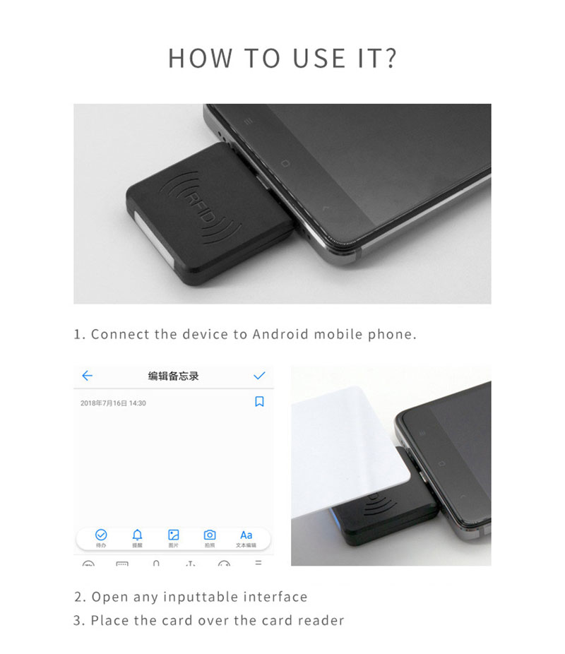 Frequentie 13,56 MHz Android-telefoon Microchip RFID-lezer 10