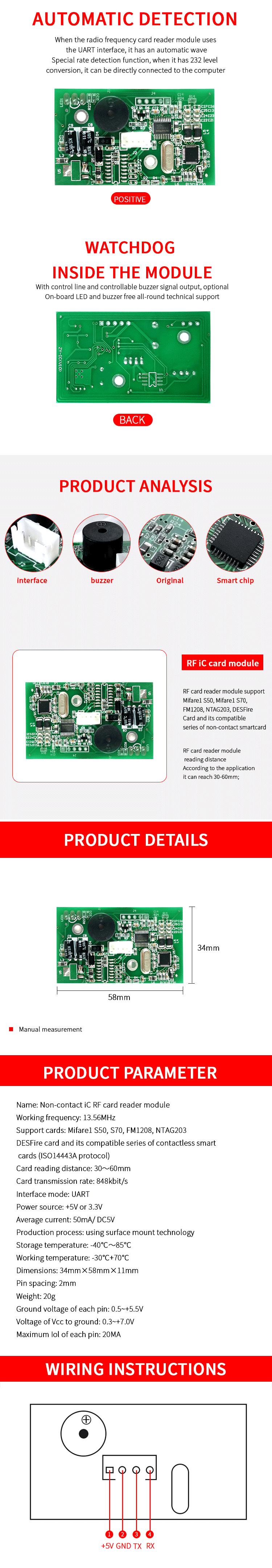 13,56 mhz M1 IC ISO14443A TYPE A RS485 RS232 UART-interface RF<a href=https://rfid-life.com/product/RFID-Card-Reader-For-Em4100-TK4100-SMC4001-Chip-Card.html target='_blank'>ID-kaartlezer</a>module