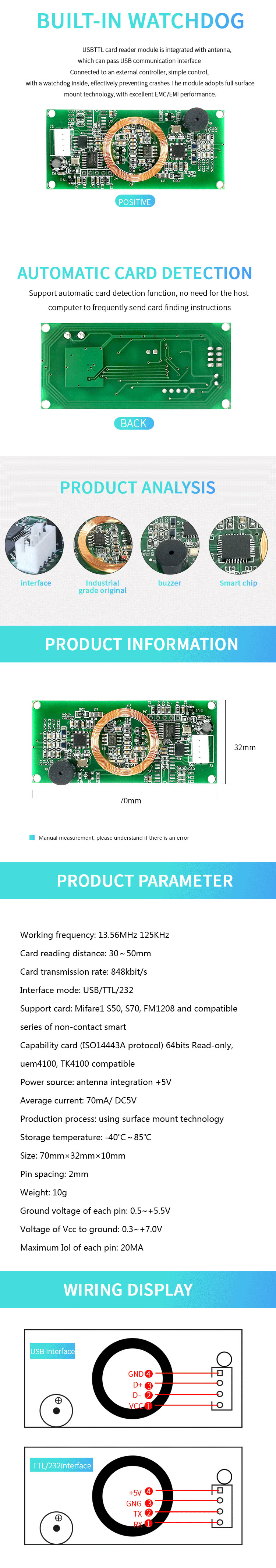 13,56 mhz 125 kHz dual frequency RFID contactloze USB/RS232/UART aangepaste smartcardlezermodule